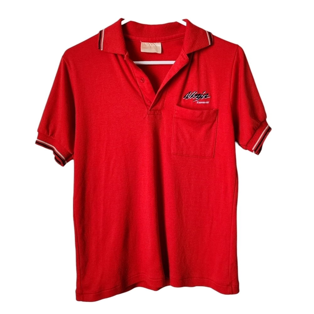 VINTAGE 70s KAWASAKI NINJA Red‎ Racing Polo Shirt Retro Moto Style motocore